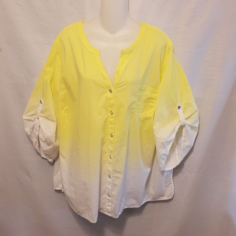 Cathrines Plus Sz 3X Yellow Ombre Button Down Blouse Rhinestones Roll Tab Sleeve